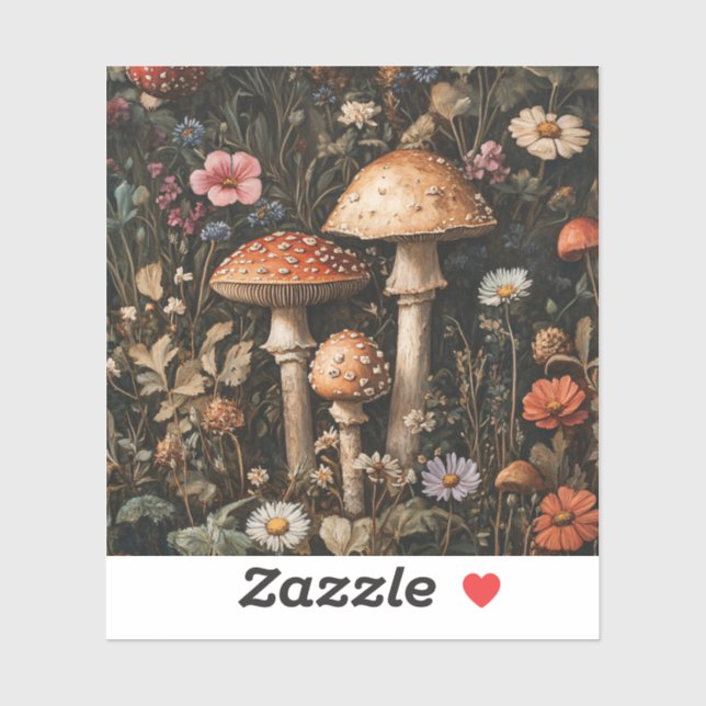 Adesivo Cogumelos Whimsical e flores selvagens Botânica (Folha)