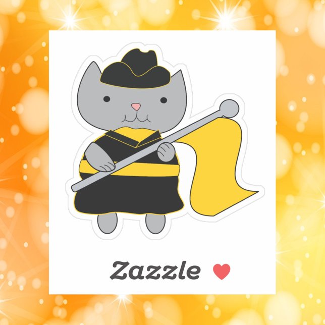 Adesivo Color Guard Gray Cat Black Yellow Gold (A die cut sticker of a gray cat wearing a yellow and black color guard uniform with yellow flag.)