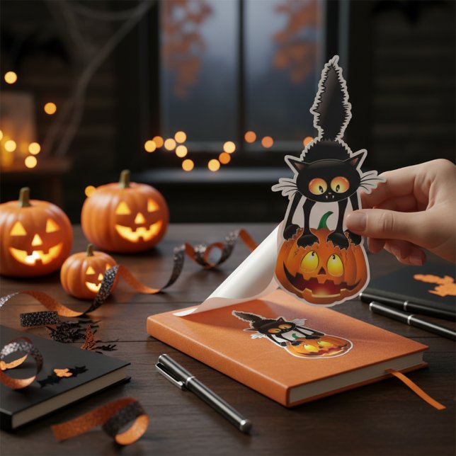 Adesivo Comprimido de abóbora: Gato Preto de Halloween (Pumpkin Purrfection: Halloween Black Cat Sticker)