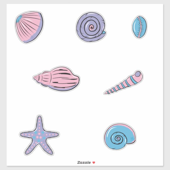 Adesivo Conchas Simples em Rosa, Roxo e Azul (Folha)