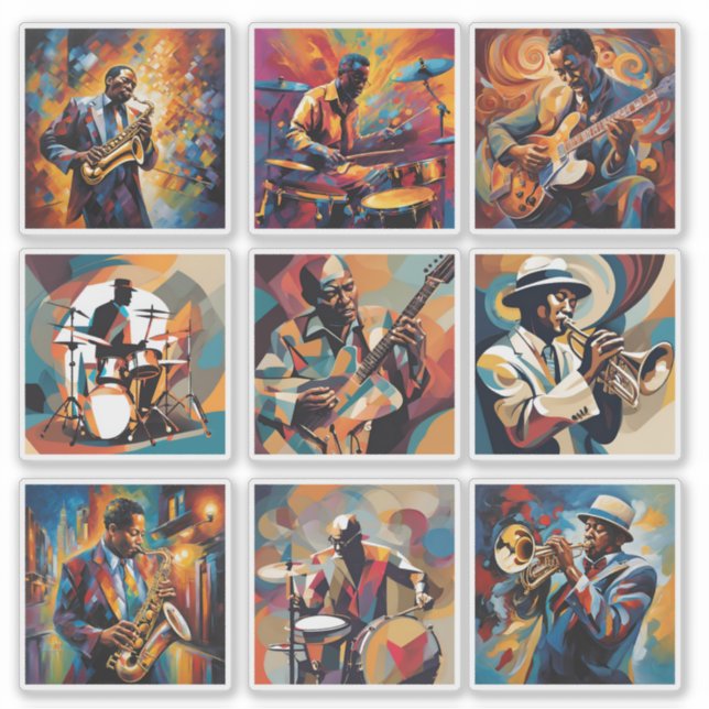 Adesivo Conjunto de 9 Stickers Músicos Jazz (Frente)