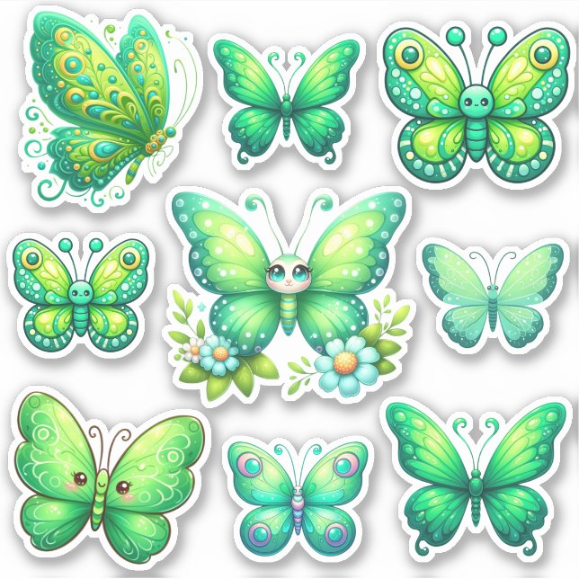 Adesivo conjunto de borboletas verdes vibrantes (Frente)