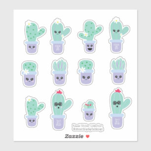 Adesivo Conjunto de Cacto Fofo em Pote Roxo Verde
