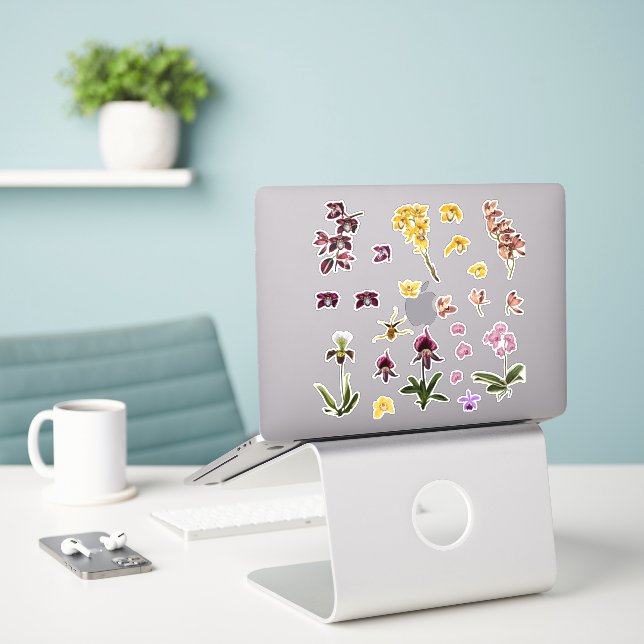 Adesivo Conjunto de elementos de flores de orquídeas tropi (Laptop na mesa)