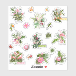 Adesivo Conjunto de flores tropicais, palmeiras e aves.