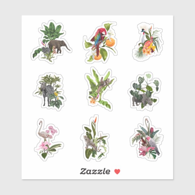 Adesivo Conjunto de flores tropicais, palmeiras e aves. (Folha)