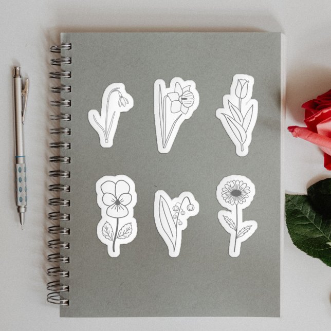 Adesivo Conjunto de Paletas de Arte da Linha da Flor Botân (Botanical Flower Line Art Stickers Set)