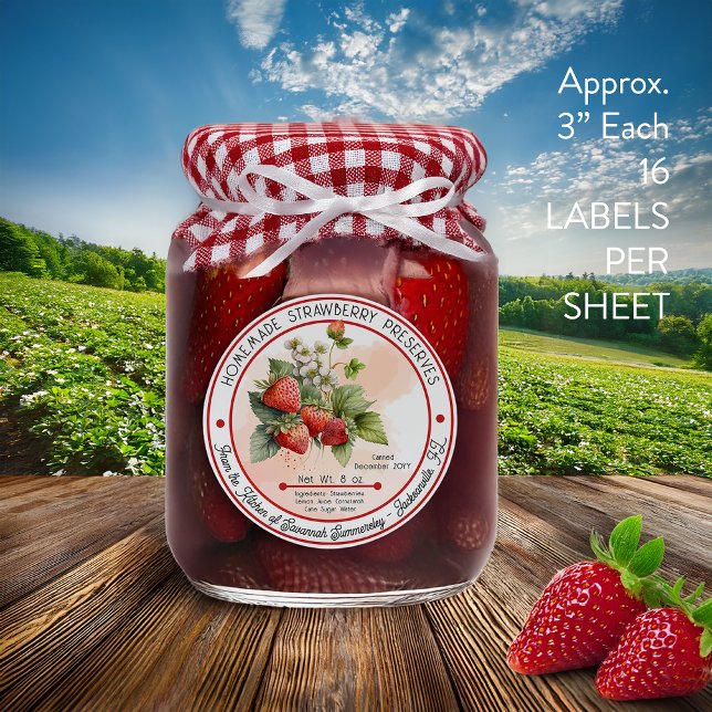 Adesivo Conservas Caseiras de Morango em Latas 3 Em 16 Fol (Homemade Strawberry Preserves Canning Vinyl Canning Labels -- 16 Kiss Cut 3" Stickers Per Sheet)