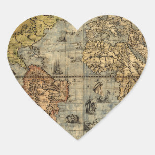 Adesivo Coração 1565 Mapa Antigo do Mundo de Forlani Cartografia V