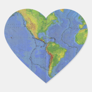 Adesivo Coração 1994 mapa do mundo físico - placas tectónicas -