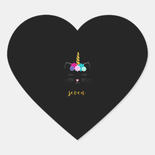 Adesivo Coração 7 Birthday Shirt Cat Unicorn Girls Aniversário T-S