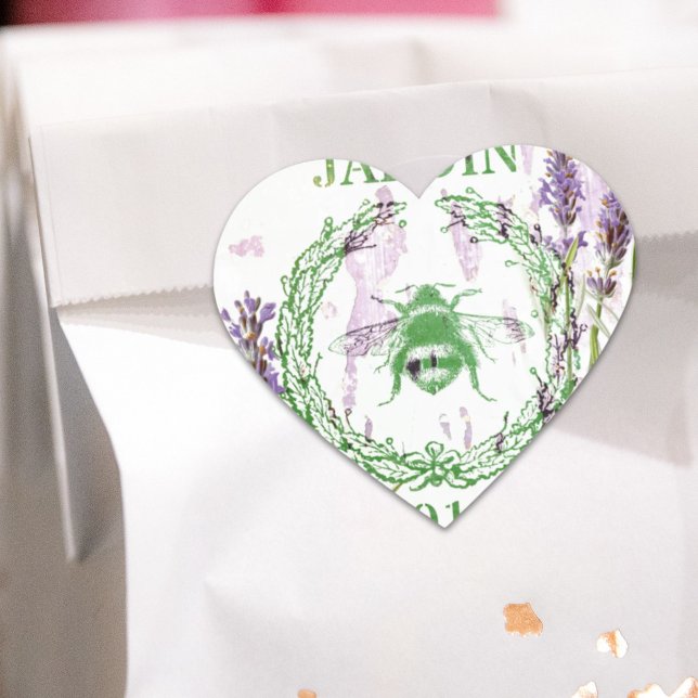 Adesivo Coração abelha vintage rústica francesa da lavanda (rustic chic french country lavender vintage bee heart sticker)