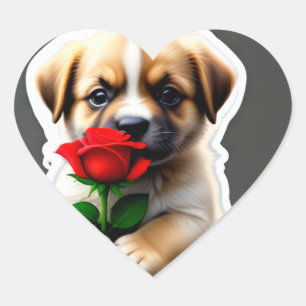 Adesivo Coração Adorável Puppy segurando um Rosa
