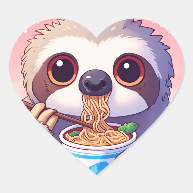 Adesivo Coração Adorável Sloth Eating Ramen (Frente)