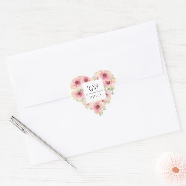 Adesivo Coração Agradecimento Flores de Aquarela Rosa Corado (Envelope)