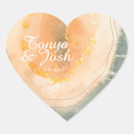 Adesivo Coração Água-marinha Geodas Coral Casamento Aquarela