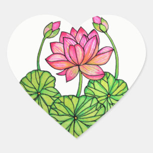 Adesivo Coração Aguarela Lotus cor-de-rosa com botões & folhas