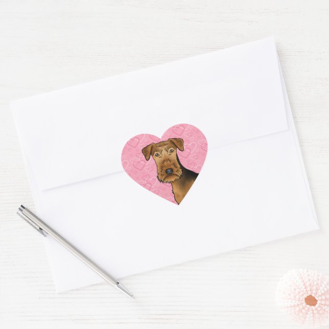 Adesivo Coração Airedale Terrier Cute Dog Cabeça Em Corações Rosa (Envelope)