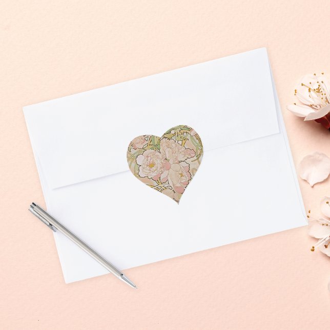 Adesivo Coração Alphonse Mucha Floral Pink Peonies (Criador carregado)