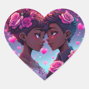 Adesivo Coração Amor LGBT   Casal Africano-Americano de Animes