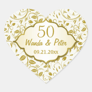 Adesivo Coração Aniversário de casamento das folhas 50th do ouro