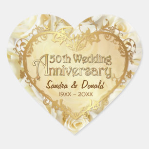 Adesivo Coração Aniversário de casamento dourado do rosa branco