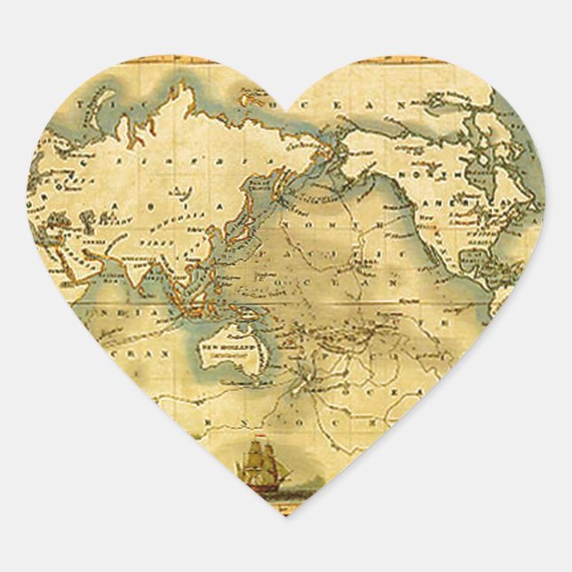 Adesivo Coração Antigo Mapa Mundial Antiquado (Frente)