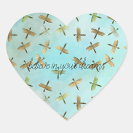 Adesivo Coração Aqua Mint Dragonfly Dourada acredita em sonhos
