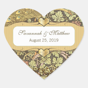 Adesivo Coração Arch Art Nouveau Peacocks Cardíaco Selo de Casamen