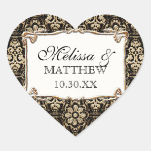 Adesivo Coração Art Deco Nouveau Faux Floral Dourado Damask Lace