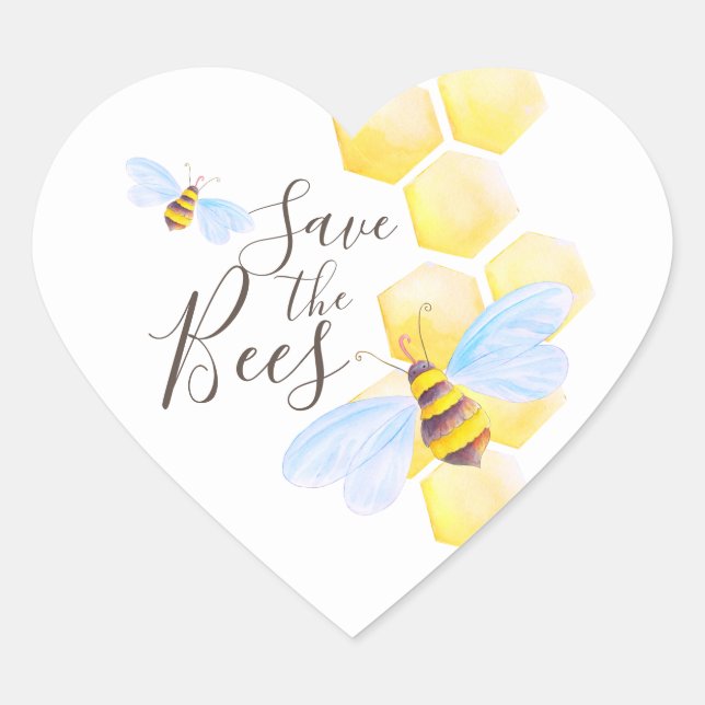 Adesivo Coração Arte aquarela das abelhas do mel salva abelhas (Frente)