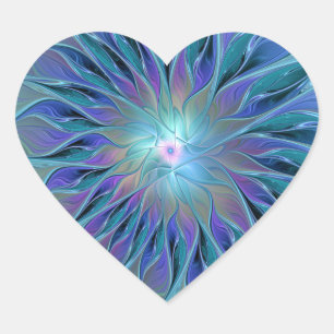 Adesivo Coração Arte Fractal Abstrato Sonho Flor Roxo Azul