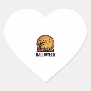 Adesivo Coração Arte Vintage de Halloween Cemitério Morcego Lua_1