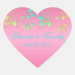 Adesivo Coração Autocolante cor-de-rosa, verde e aqua floral de 1,