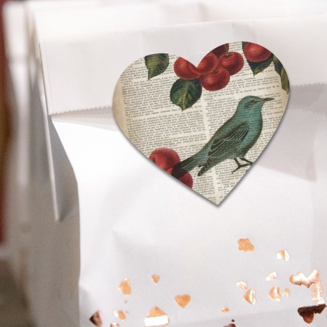 Adesivo Coração ave francesa retro botanical red cherry (french country bird retro botanical red cherry heart sticker)