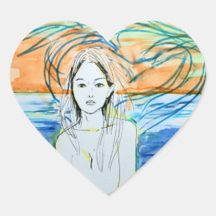 Adesivo Coração Aves marinhas (Aquarela, Tinta)