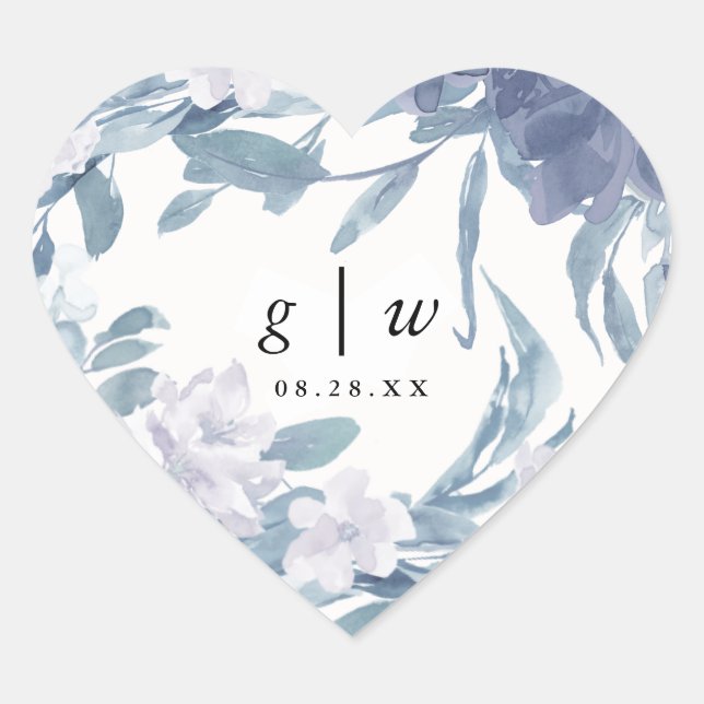 Adesivo Coração Azul Aquarela Floral com Data de Casamento do Mono (Frente)
