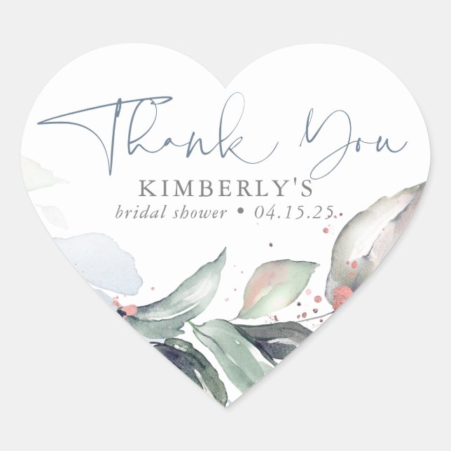 Adesivo Coração Azul Empoeirado Folhagem Rosa Dourado Salpicos Obr (Frente)