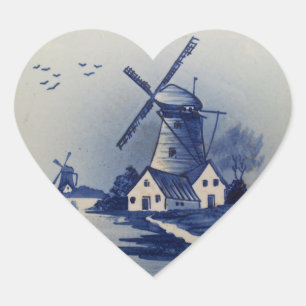 Adesivo Coração Azul Vintage Delft Moinho de Vento Branco