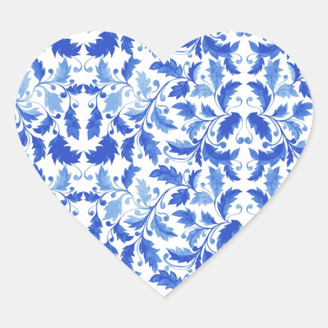 Adesivo Coração Azulejos portugueses Flores azuis e folhas (Frente)
