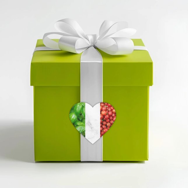 Adesivo Coração Bandeira Italiana de Mármore Branco e Tomate Manje (Flag of Italy Sticker with Basil, White Marble, and Tomatoes - Italian Envelope Seal or Favor Accent)