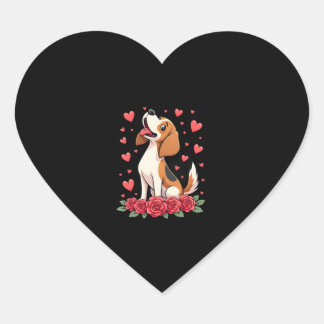 Adesivo Coração Beagle Fofo com Corações de Rosas Vermelhas Florai