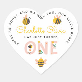 Adesivo Coração Bee Yellow & Pink Floral ONE Baby's primeiro anive