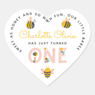 Adesivo Coração Bee Yellow & Pink Floral ONE Baby's primeiro anive