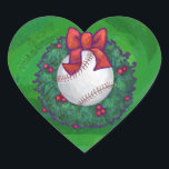 Adesivo Coração Beisebol na Wreath de Natal<br><div class="desc">Beisebol em ornamentos Festivos Holly Wreath, presentes e decorações divertidas apresentam nossa arte original de Baseball decretada para o dentro de feriados uma coroa verde holly com um arco vermelho brilhante e um fundo verde texturizado. Esta divertida bola de esporte decorada em feriado é perfeita para qualquer um que adora...</div>