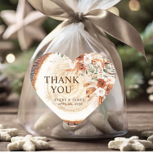 Adesivo Coração Boho Pampas Grass Wedding Wood Slice Thank You (Criador carregado)