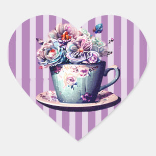 Adesivo Coração Bonito Teacup Antiquado com Flores Vintage