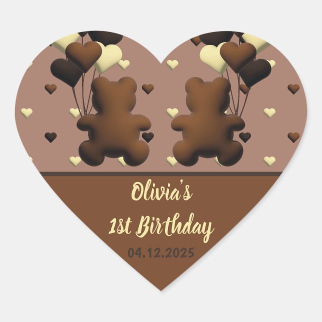 Adesivo Coração Bonito urso de chocolate Cardíaco Aniversário (Frente)