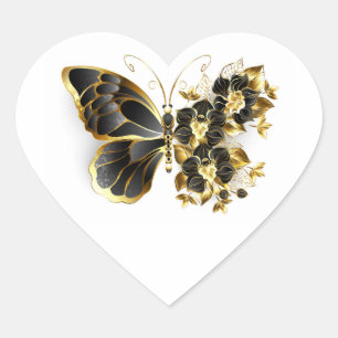 Adesivo Coração Borboleta Flor de Ouro com Orquídea Preta