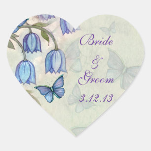 Adesivo Coração Borboletas Aquarela e Flores Azuis Casamento